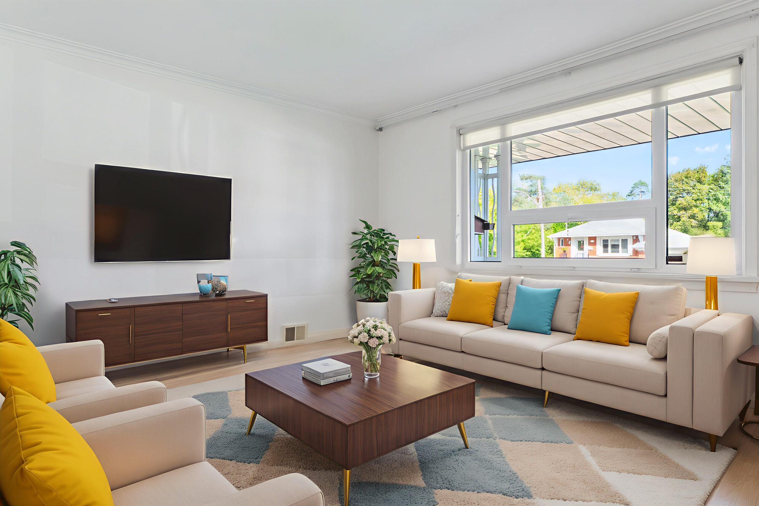 family room with large open windows facing the front yard