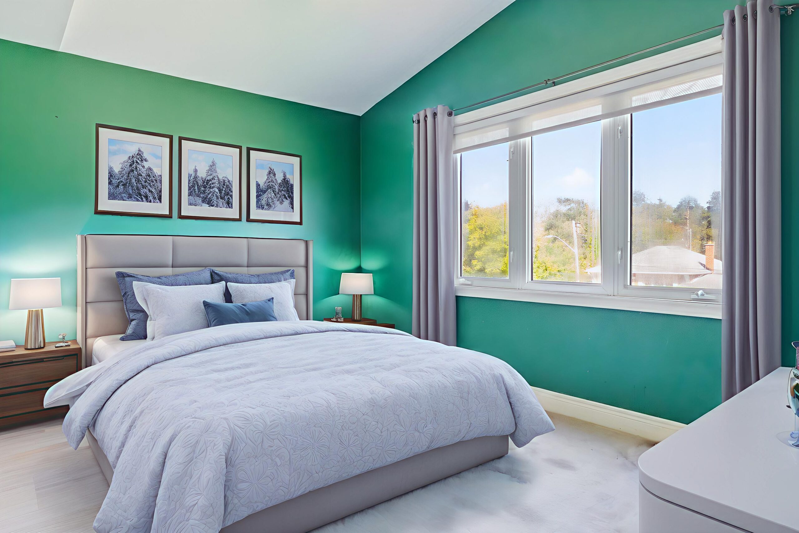 upper level principal bedroom with vaulted ceilings and large window