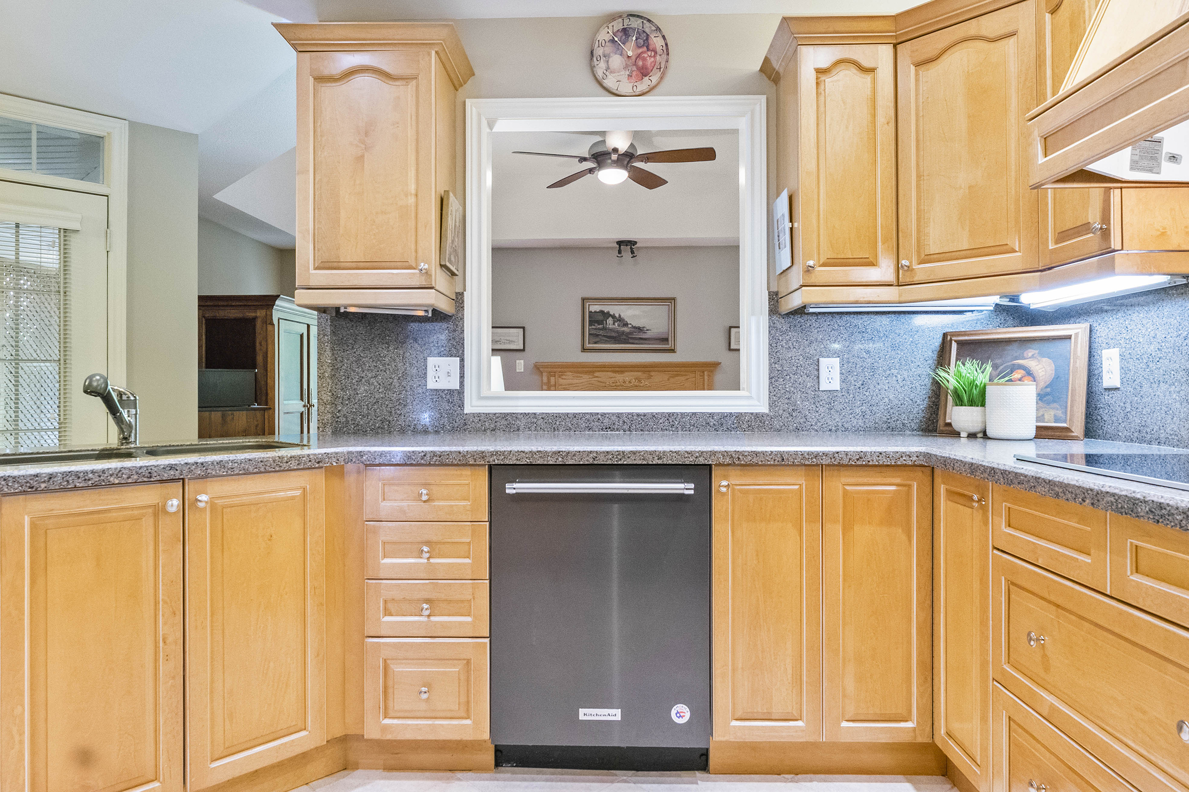 kitchen photo with window into the dining room