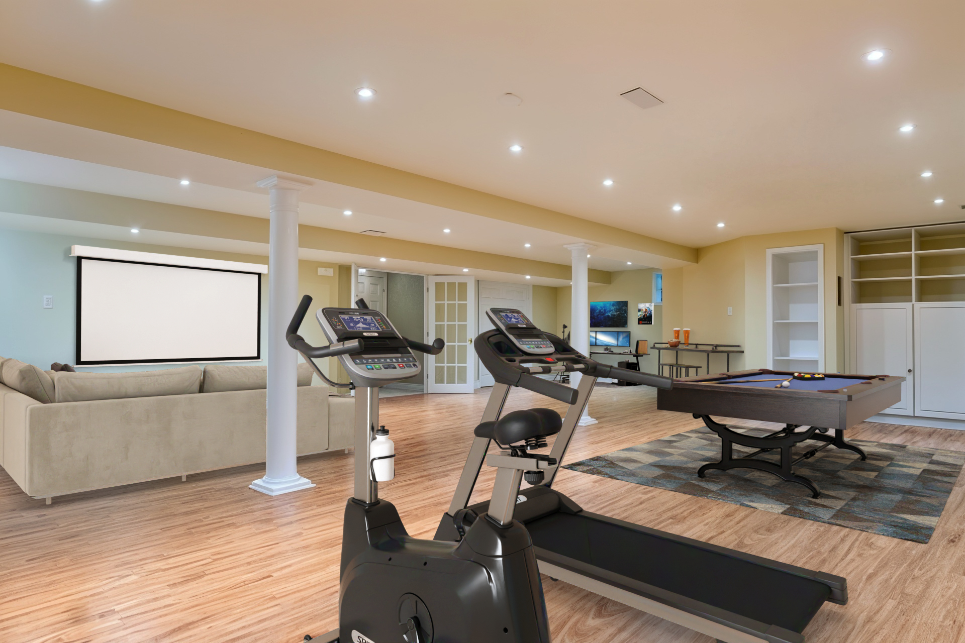 different angle of basement recreation room