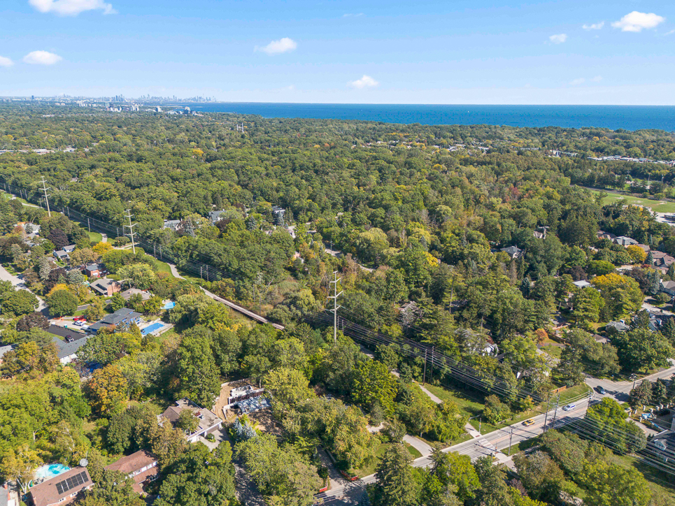 Aerial view of a lush green neighborhood near the coastline