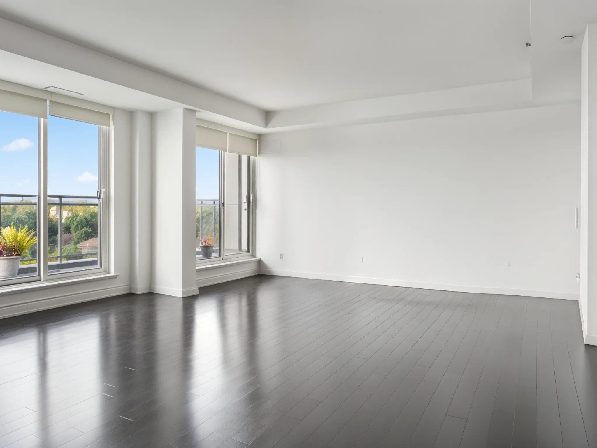 interior of the condo with white walls and dark floors, large windows with great view