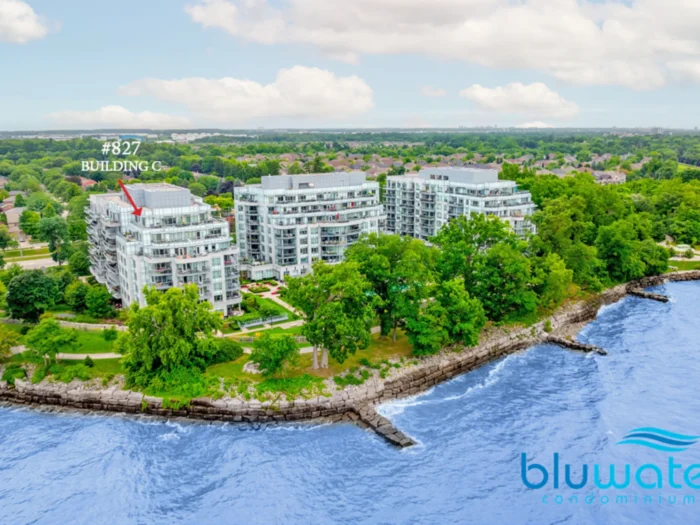 exterior of the lakefront condos, large green mature trees