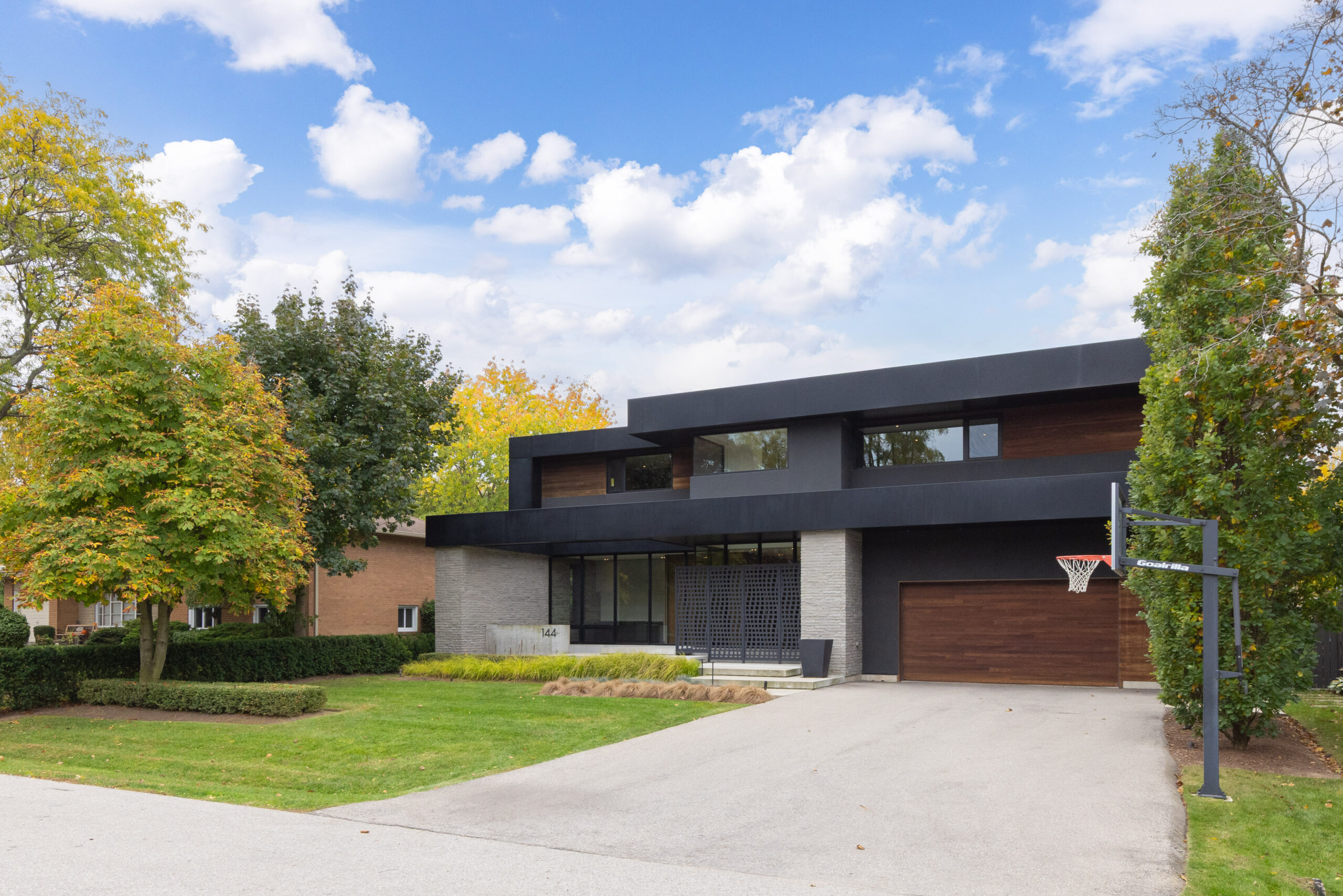 front view showing extra wide driveway