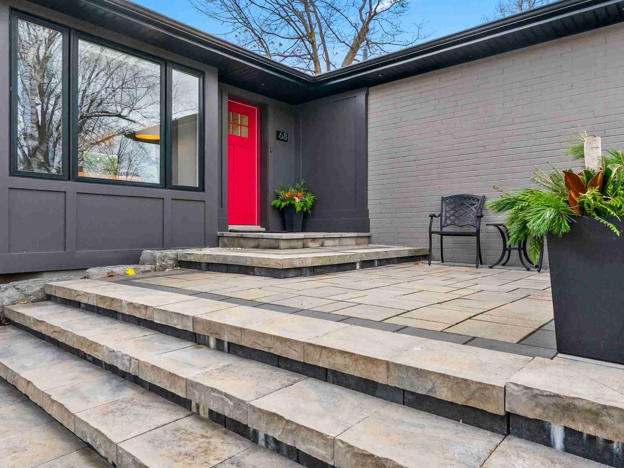 custom stone work steps with a small sitting area