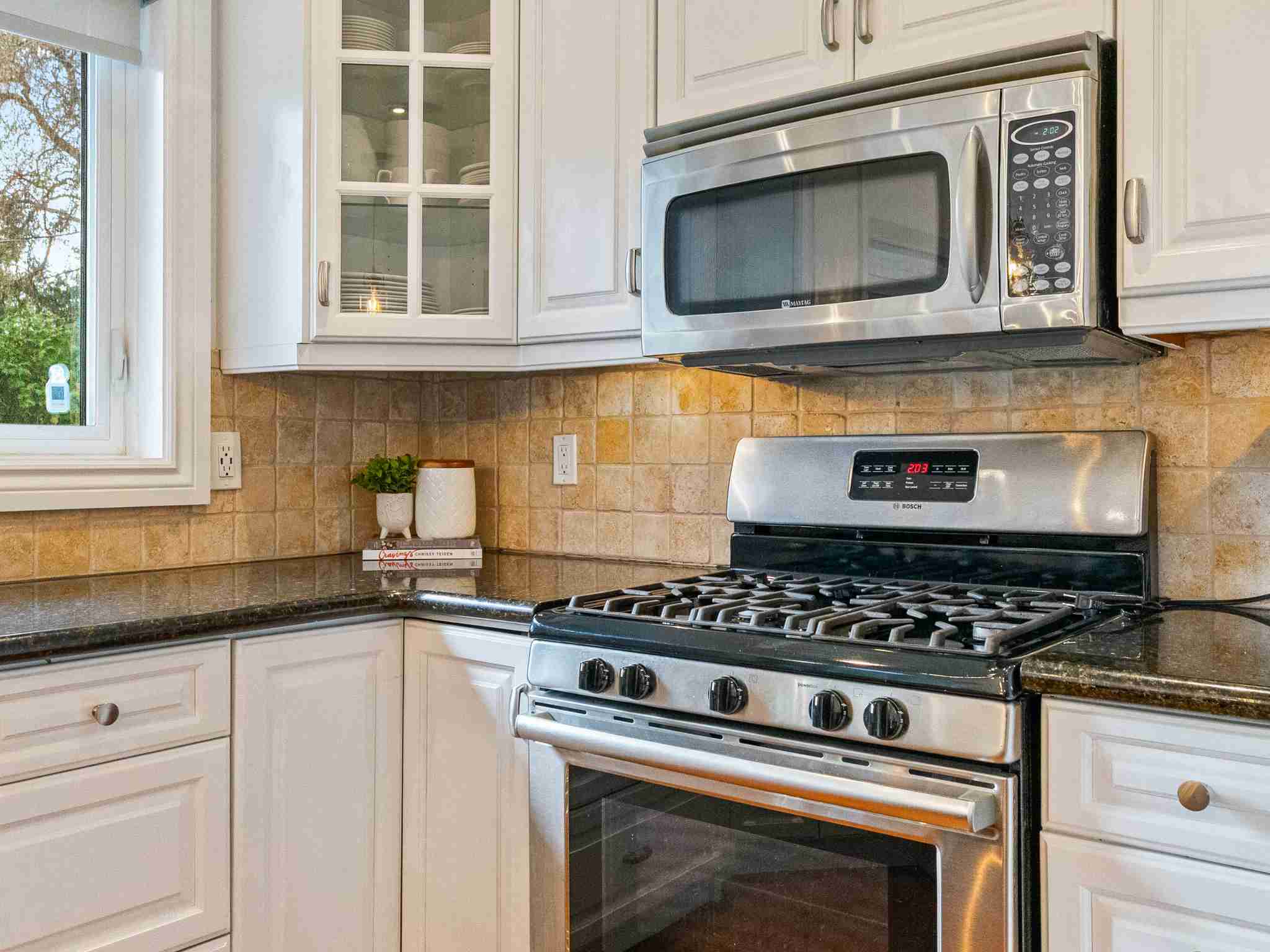 stainless steel appliances and stone backsplash