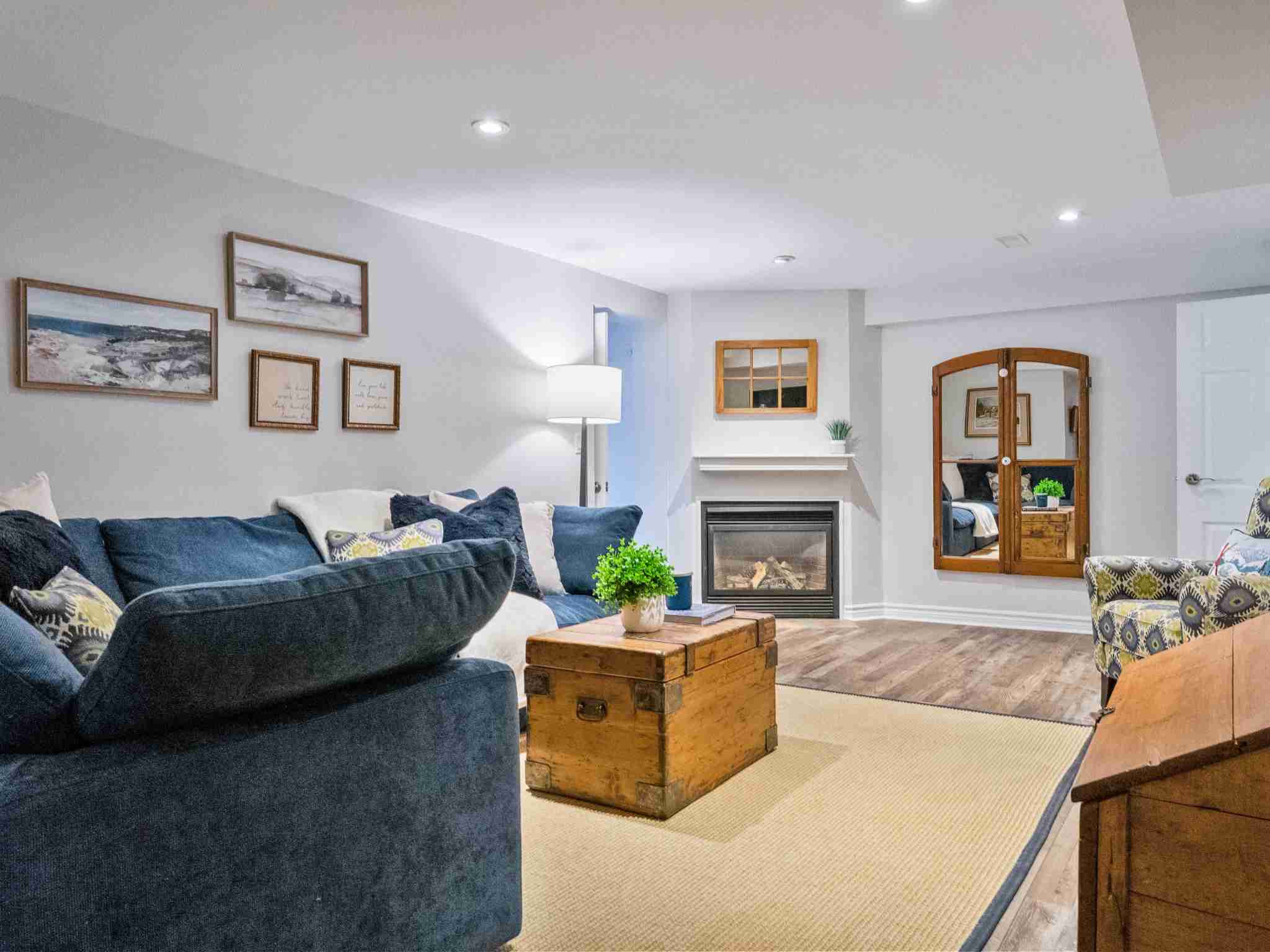 reacreation room with built in fire place