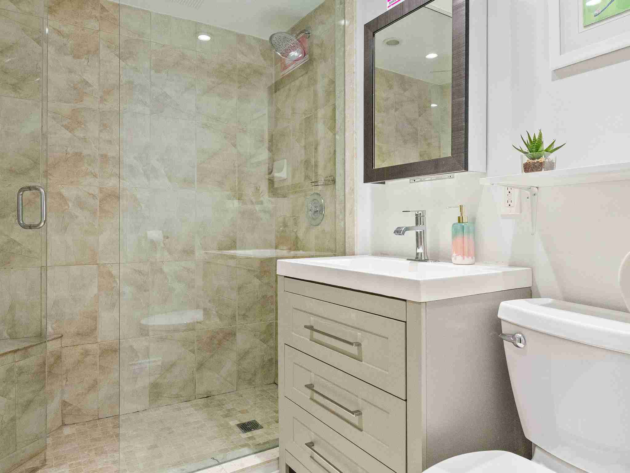 lower level 3 piece updated bathroom with walk in shower