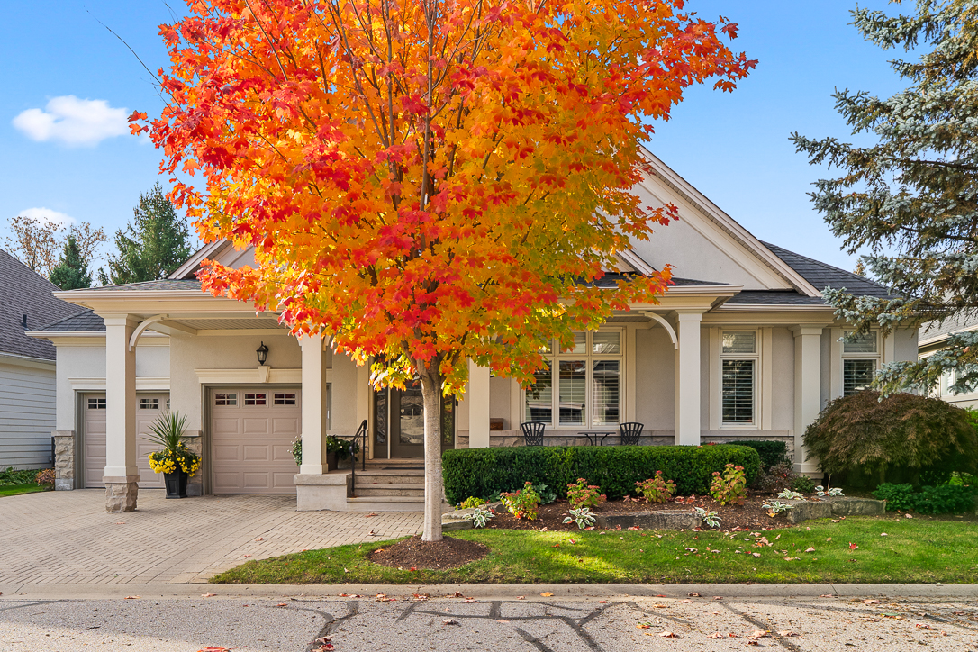 Charming house with a vibrant orange tree in autumn foliage