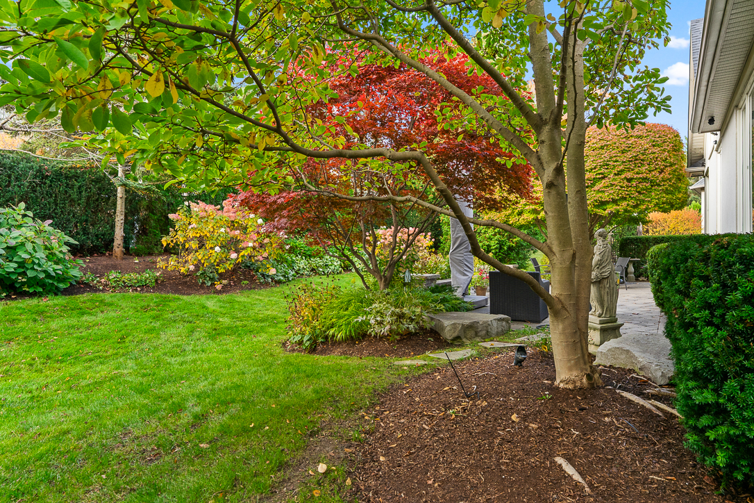 Lush garden with colorful trees and manicured lawn in autumn setting