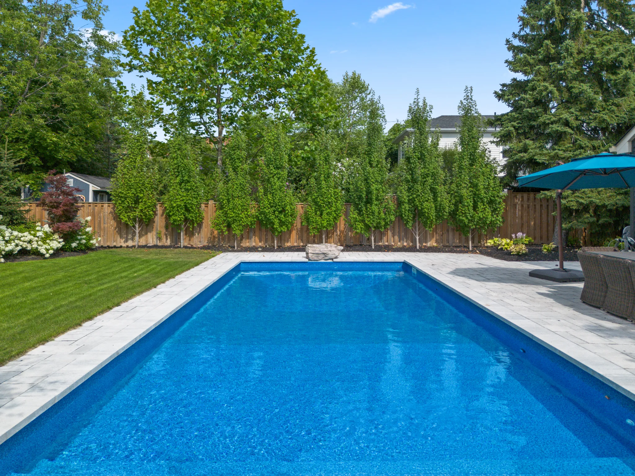 Backyard pool surrounded by lush greenery and patio furniture