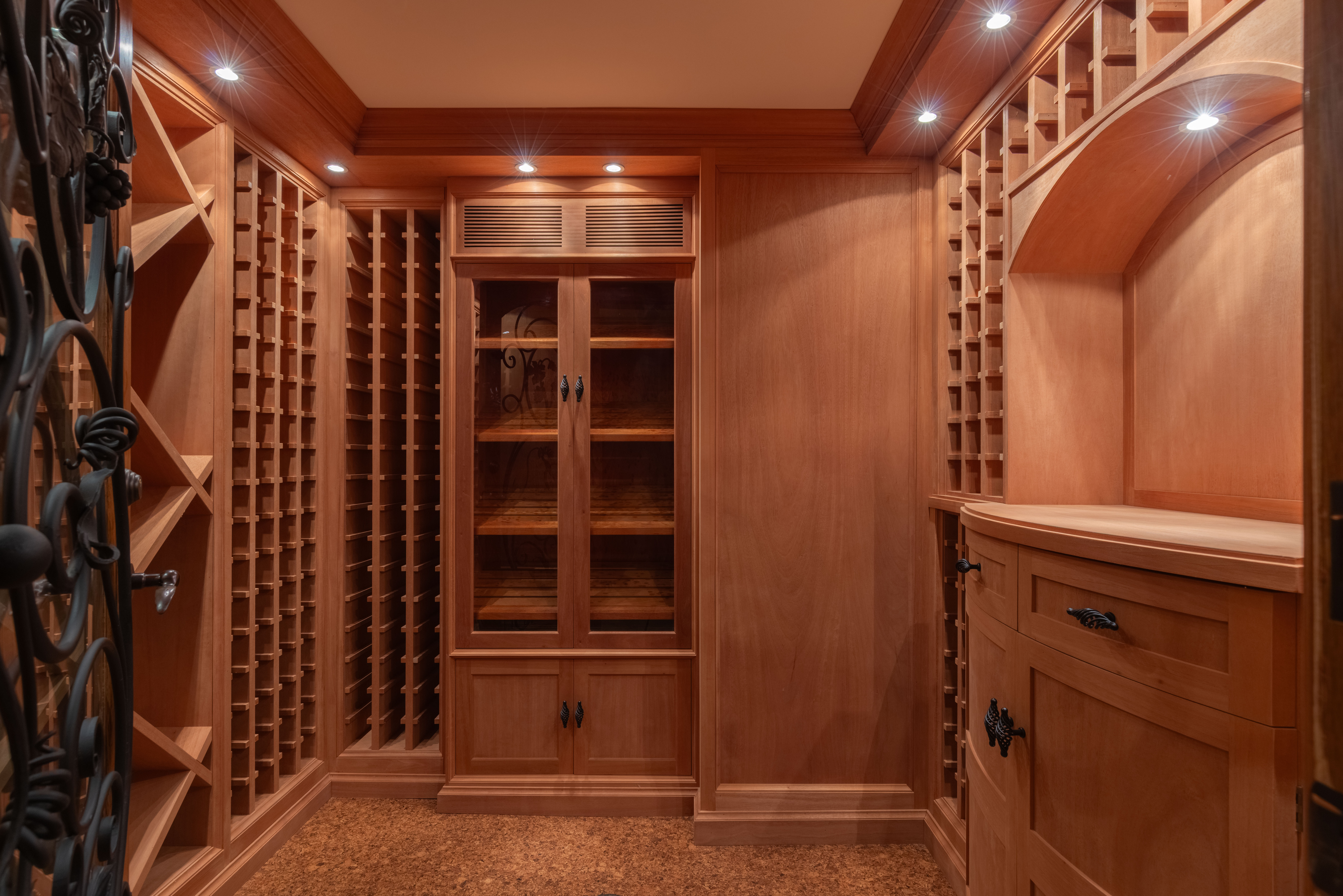 Elegant wine cellar with wooden racks and ambient lighting