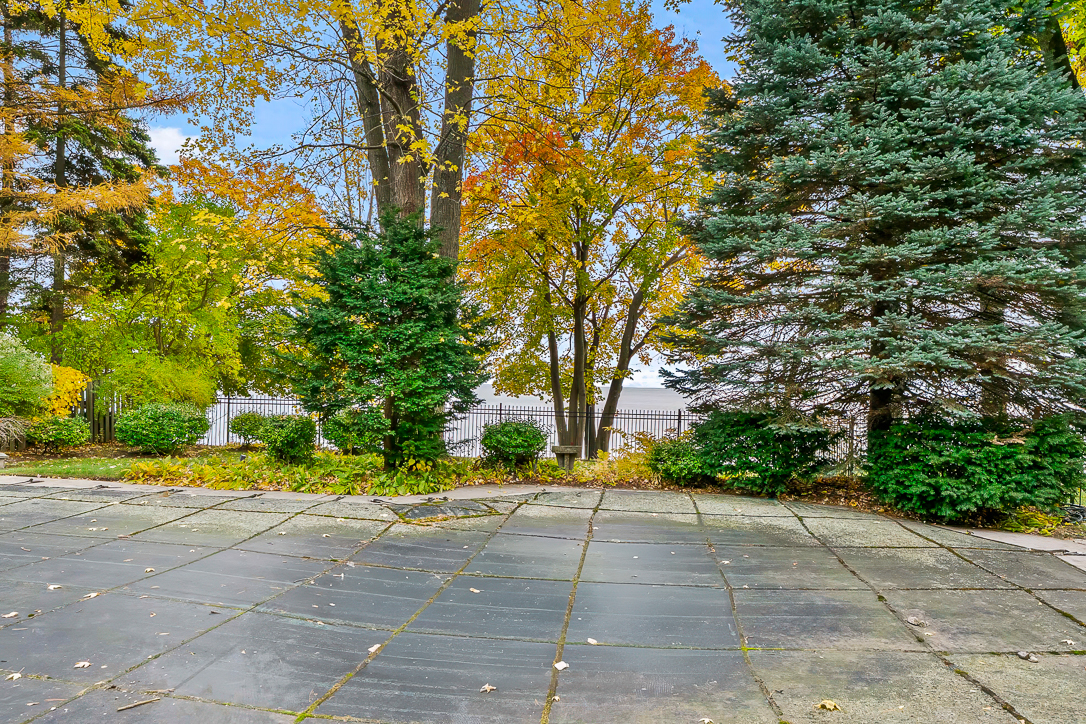 Autumn landscape with colorful trees and a stone patio