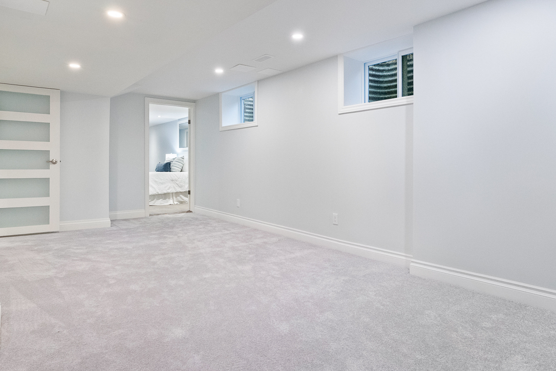 Spacious, light-filled basement with gray carpet and white walls