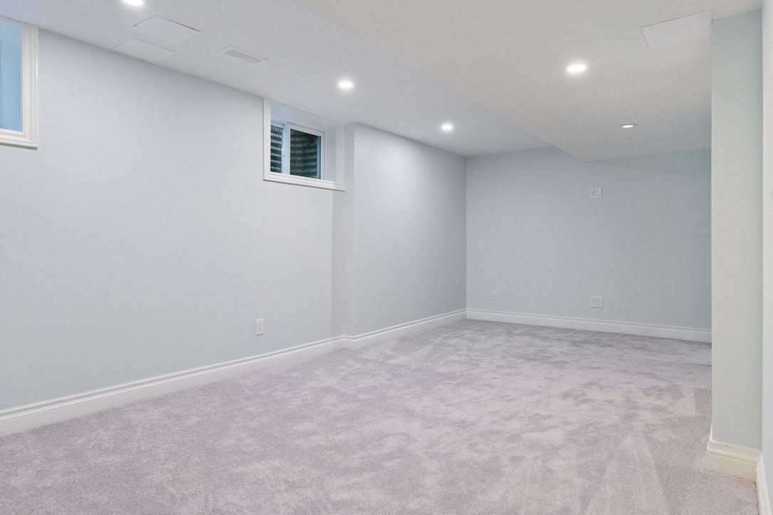 Empty basement room with light gray walls and plush carpet