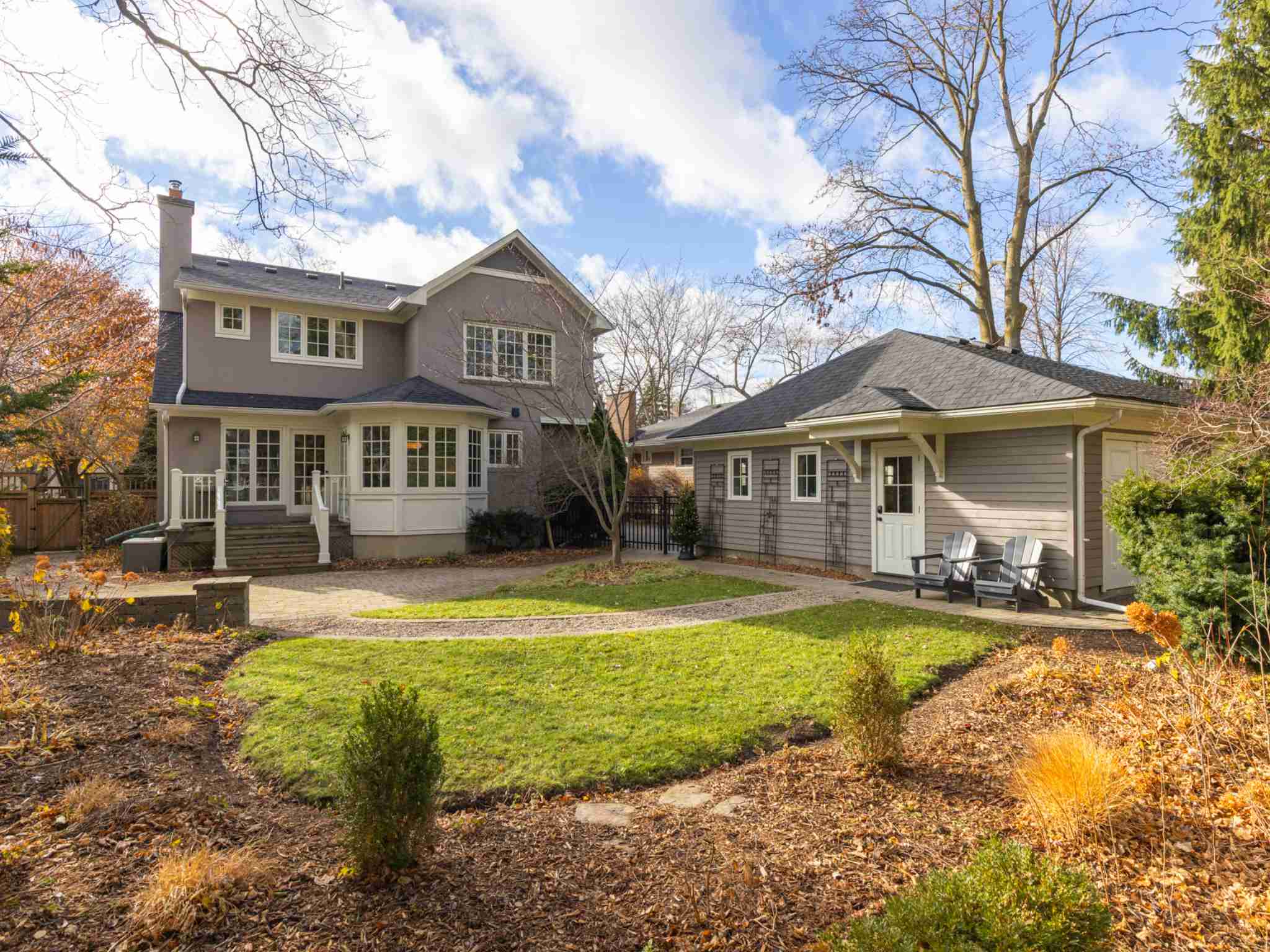 Backyard showing back of the house and all garden beds