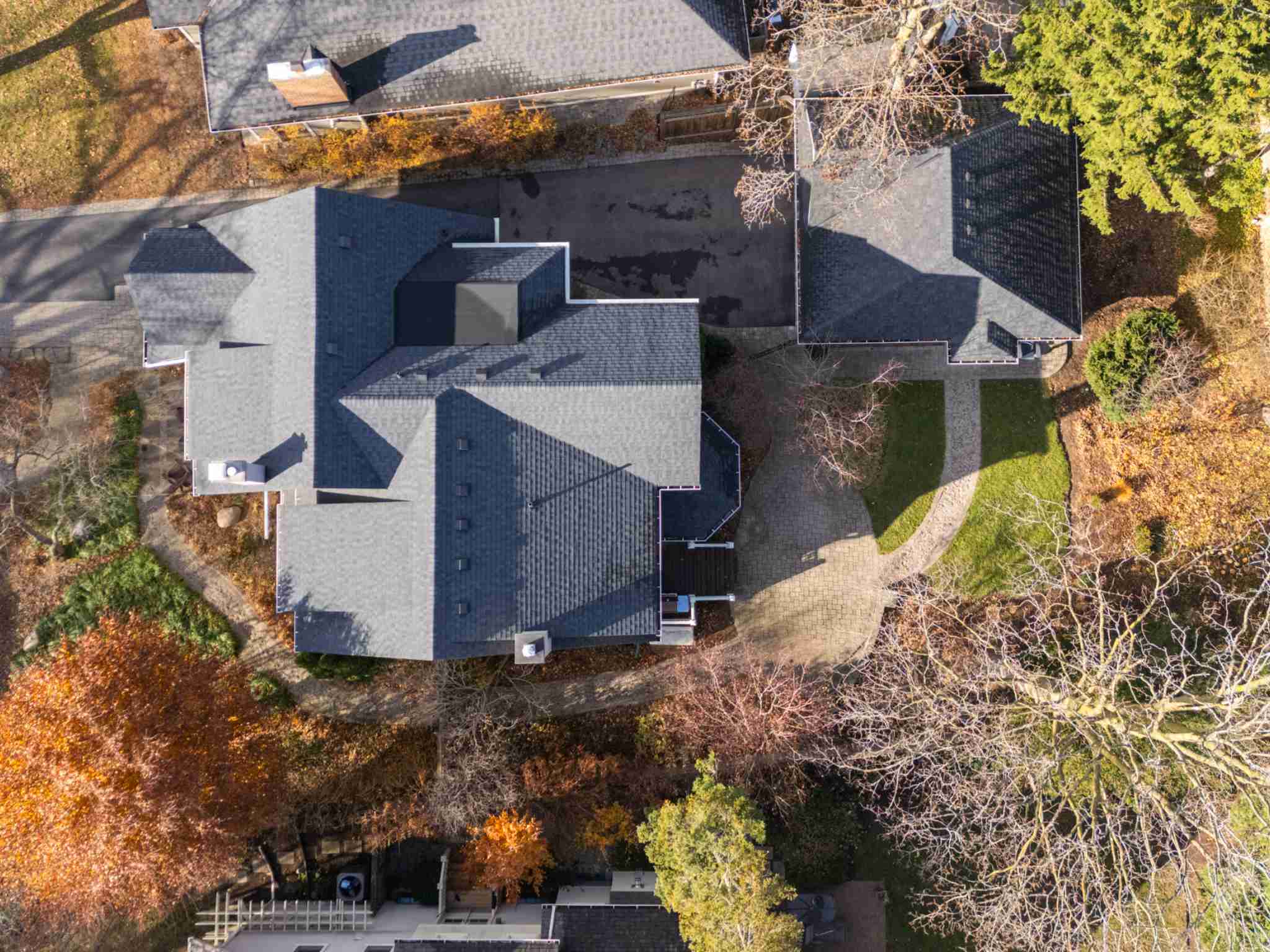 Overhead drone shot showing roof line