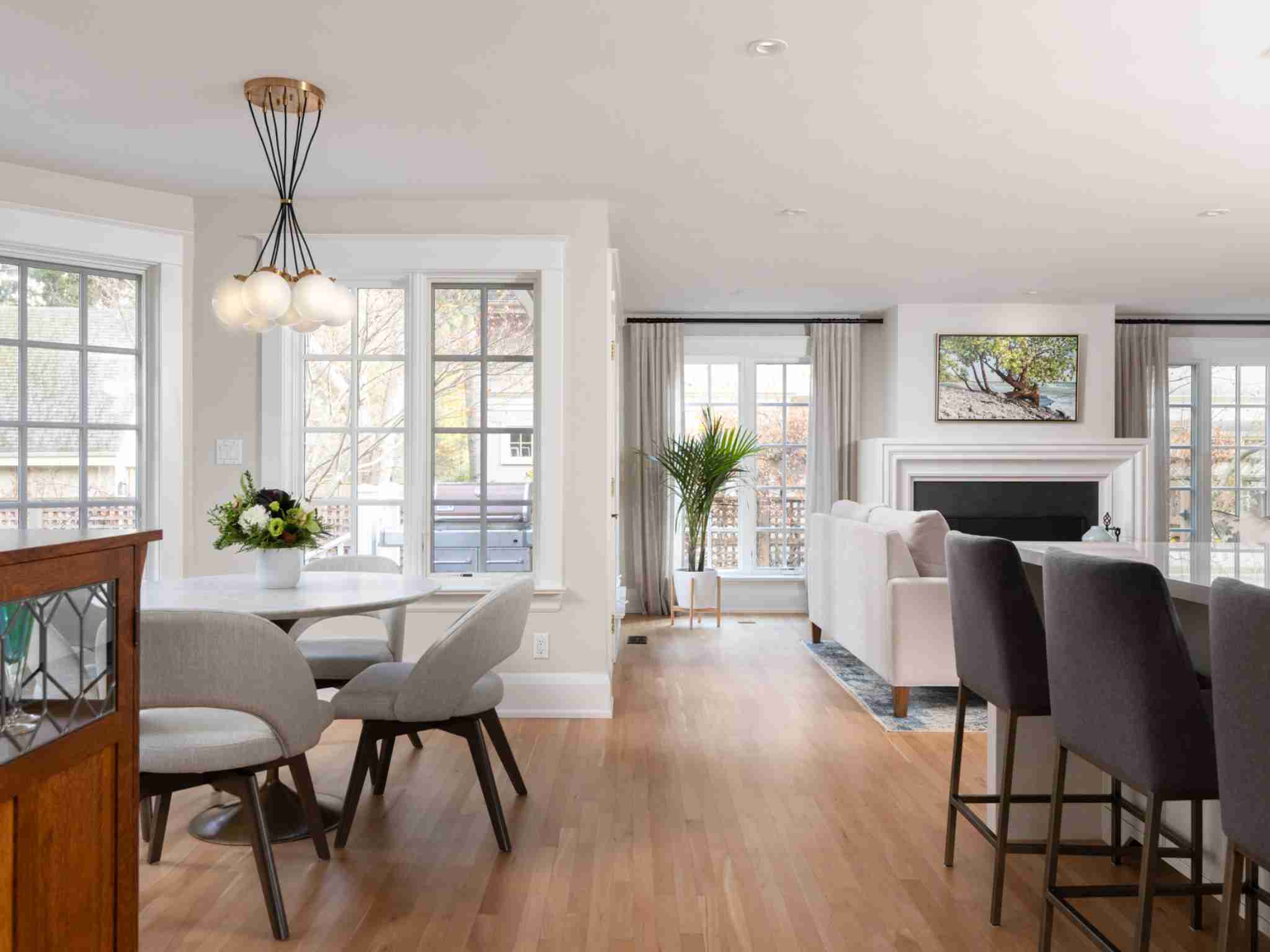 Island seating with views of the living room