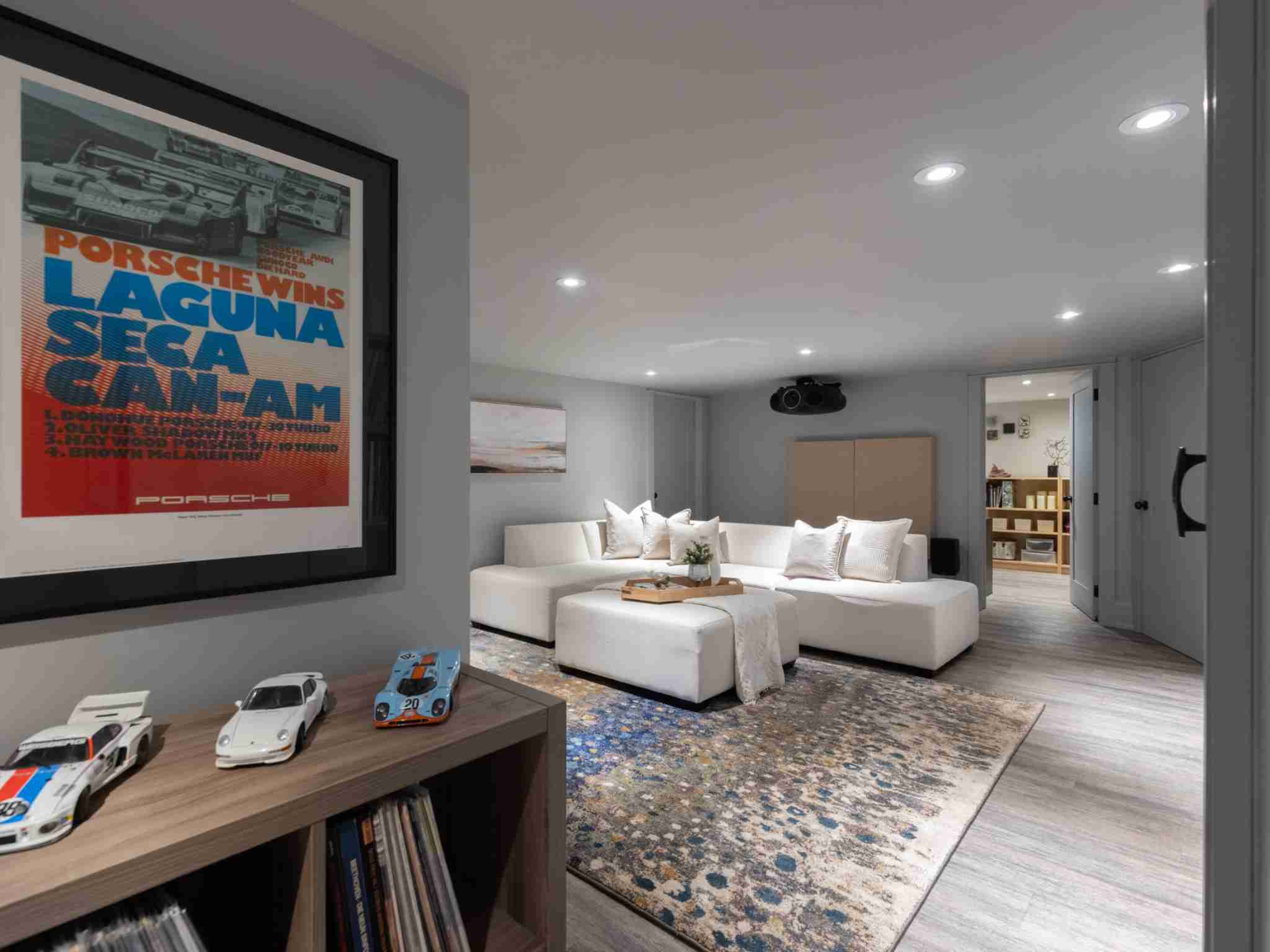 Basement lounge area with couches