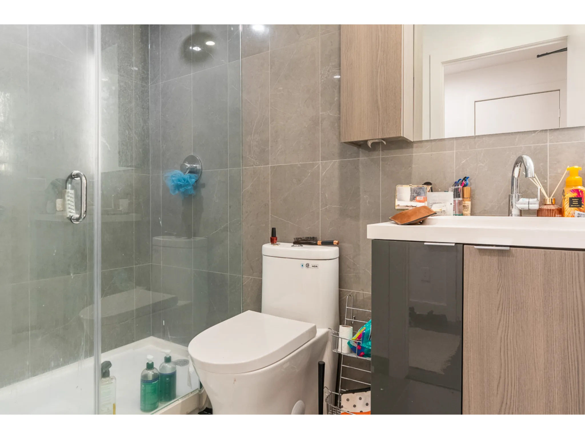 Bathroom 2 with dark tile and walk in shower