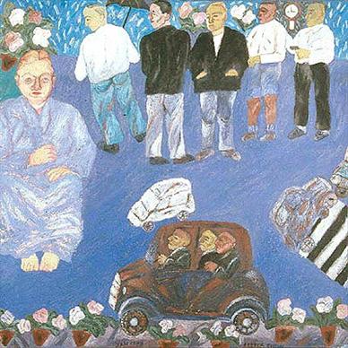 A Woman Sitting and Men Standing