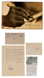 MAHATMA GANDHI: Signed Presentation Photograph of Gandhi Writing, Accompanied by the Corresponding Letter Acknowledging its Publication - Dady Rustom Dossabhoy Wadia - GANDHI: From the Collection of Anand T Hingorani - Letters, Philately, Manuscripts and Artefacts