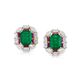 A PAIR OF EMERALD, RUBY AND DIAMOND EARRINGS -    - Fine Jewels and Silver