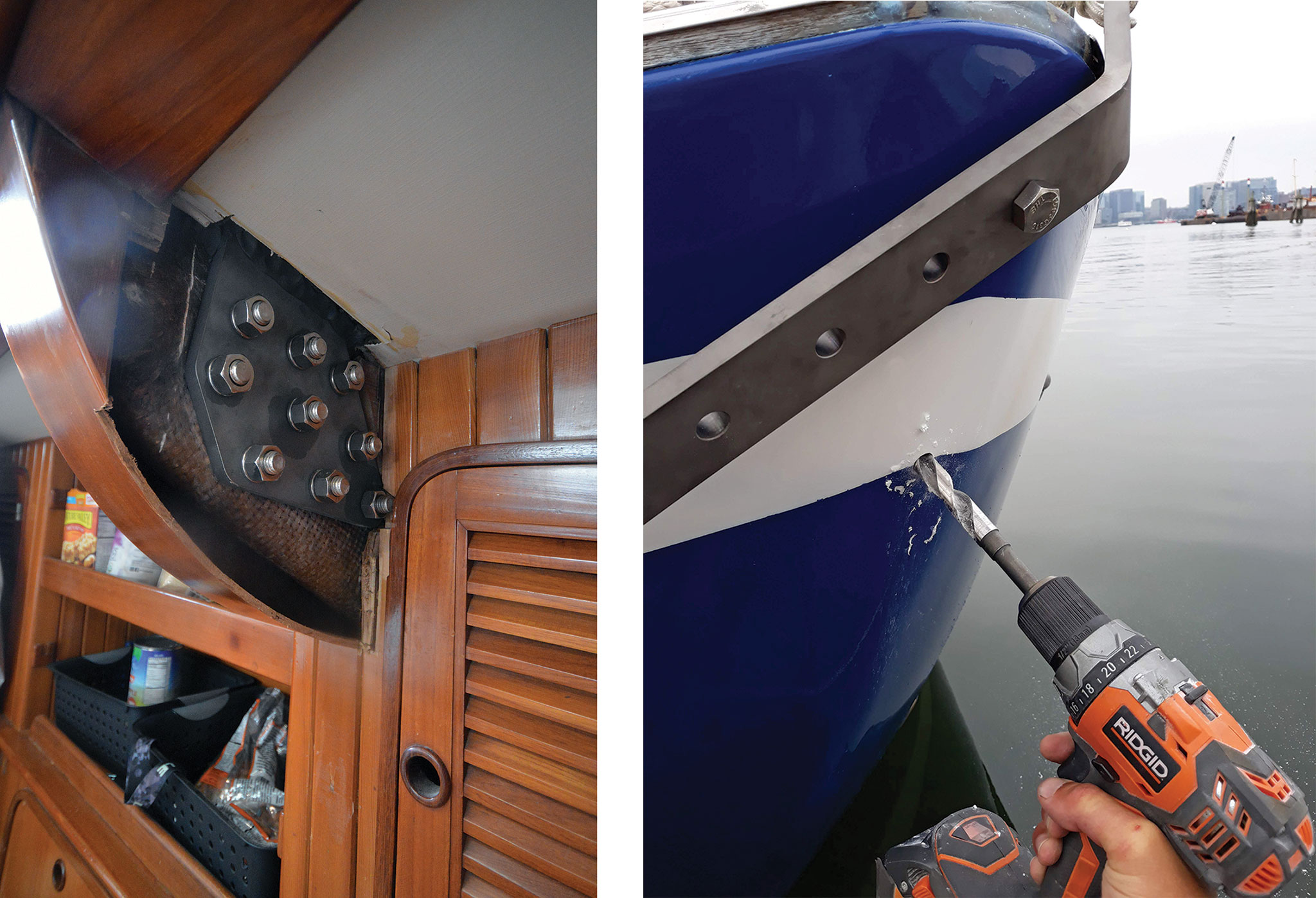 The new titanium chainplates will last the lifetime of the boat (left); The transom was re-glassed and new holes had to be drilled for the chainplate (right).