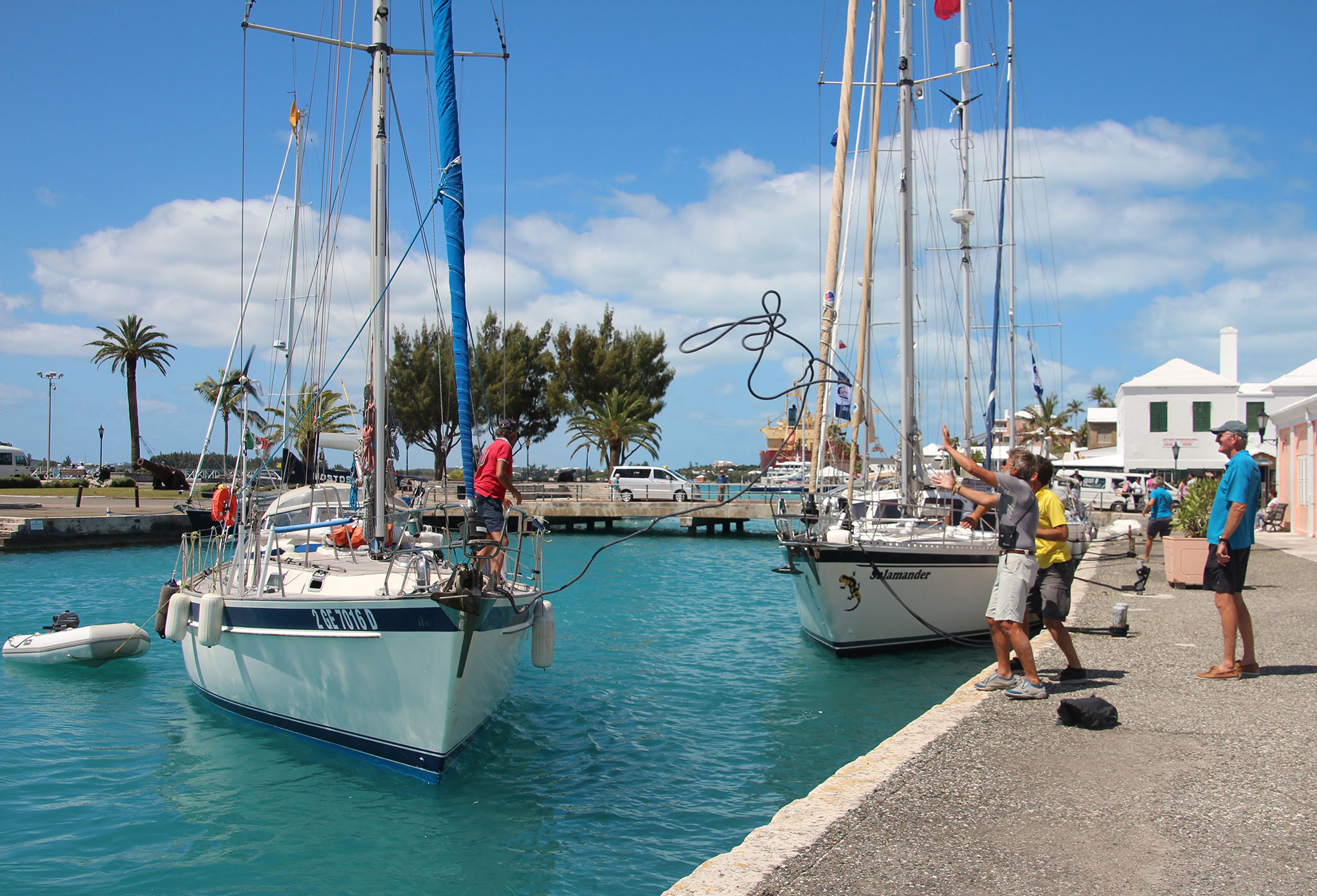 10-Duale,-Italian-boat,-arriving-at-Bermuda-town-dock-in-front-of-Salamander 10-Duale,-Italian-boat,-arriving-at-Bermuda-town-dock-in-front-of-Salamander