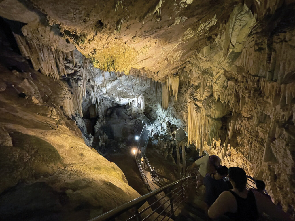 Negotiating the 411 steps into the 300-foot-deep cave on Antiparos.
