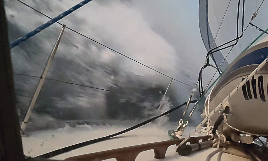 Heading south offshore the morning after the rough night in the anchorage, above. In retrospect, waiting several hours more for the sea state offshore to subside would have been a good idea.