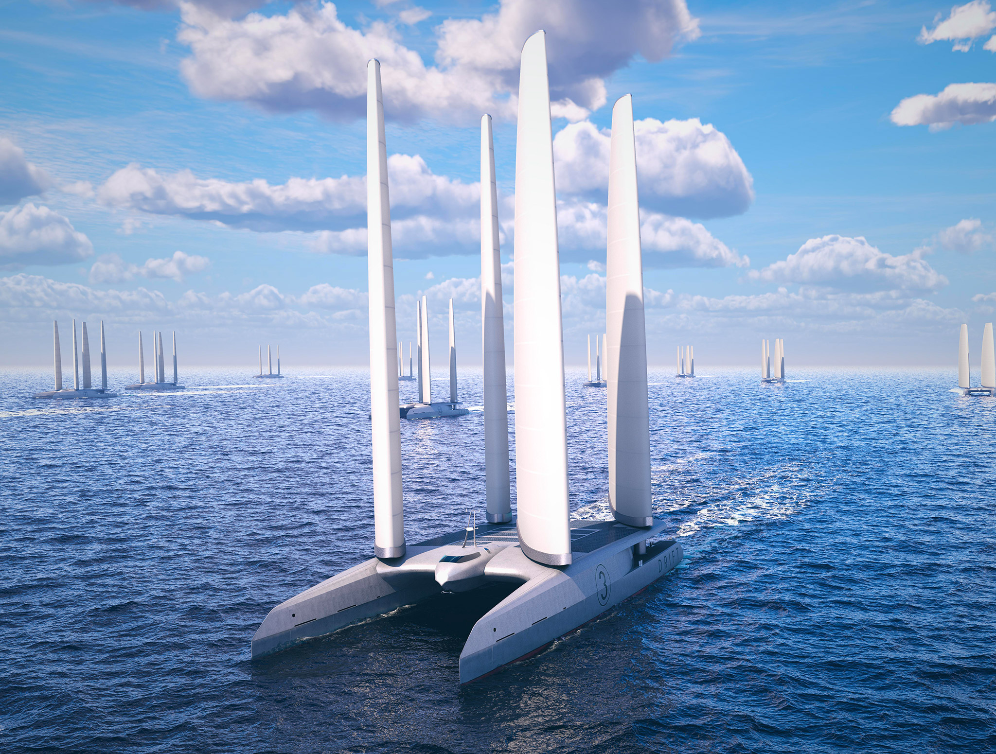 02-DRIFT-Energy-flotilla-of-net-positive,-energy-harvesting-ships DRIFT Energy’s 60-meter catamaran is an energy harvesting ship that will generate green hydrogen. Rendering courtesy of Drift Energy