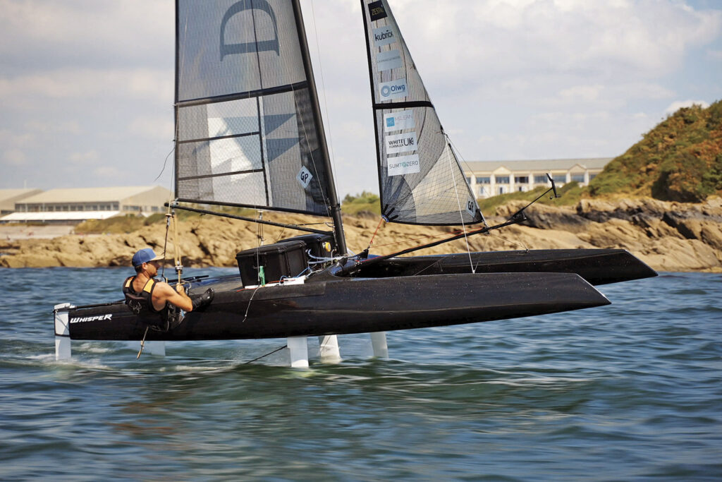 At a SailGP event in Plymouth, this proof-of-concept foiling cat generated a few grams of hydrogen. Photo courtesy of Drift Energy
