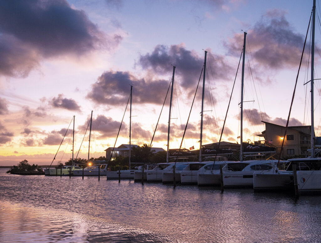 The Moorings base in Placencia takes on an otherworldly glow at the edge of the day.