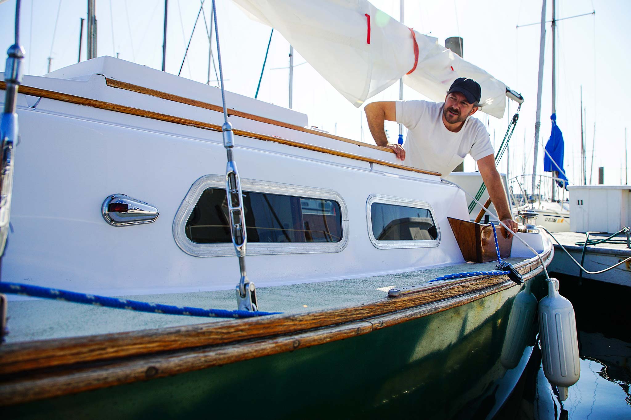 Pondering the brightwork.