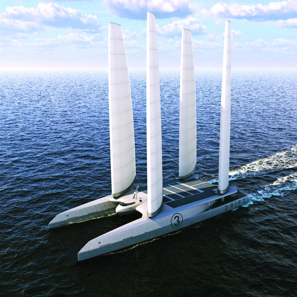 A big silver cataraman with solid sails moving across the ocean