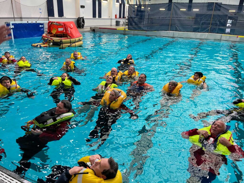 a group of people in a pool