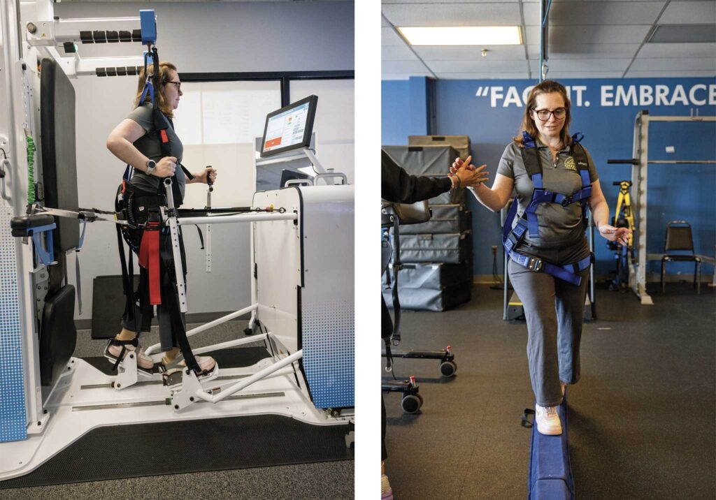 Two images. The lft with a woman doing physical therapy walking on a treadmill.. The right image, the same woman is walking on a balance beam.