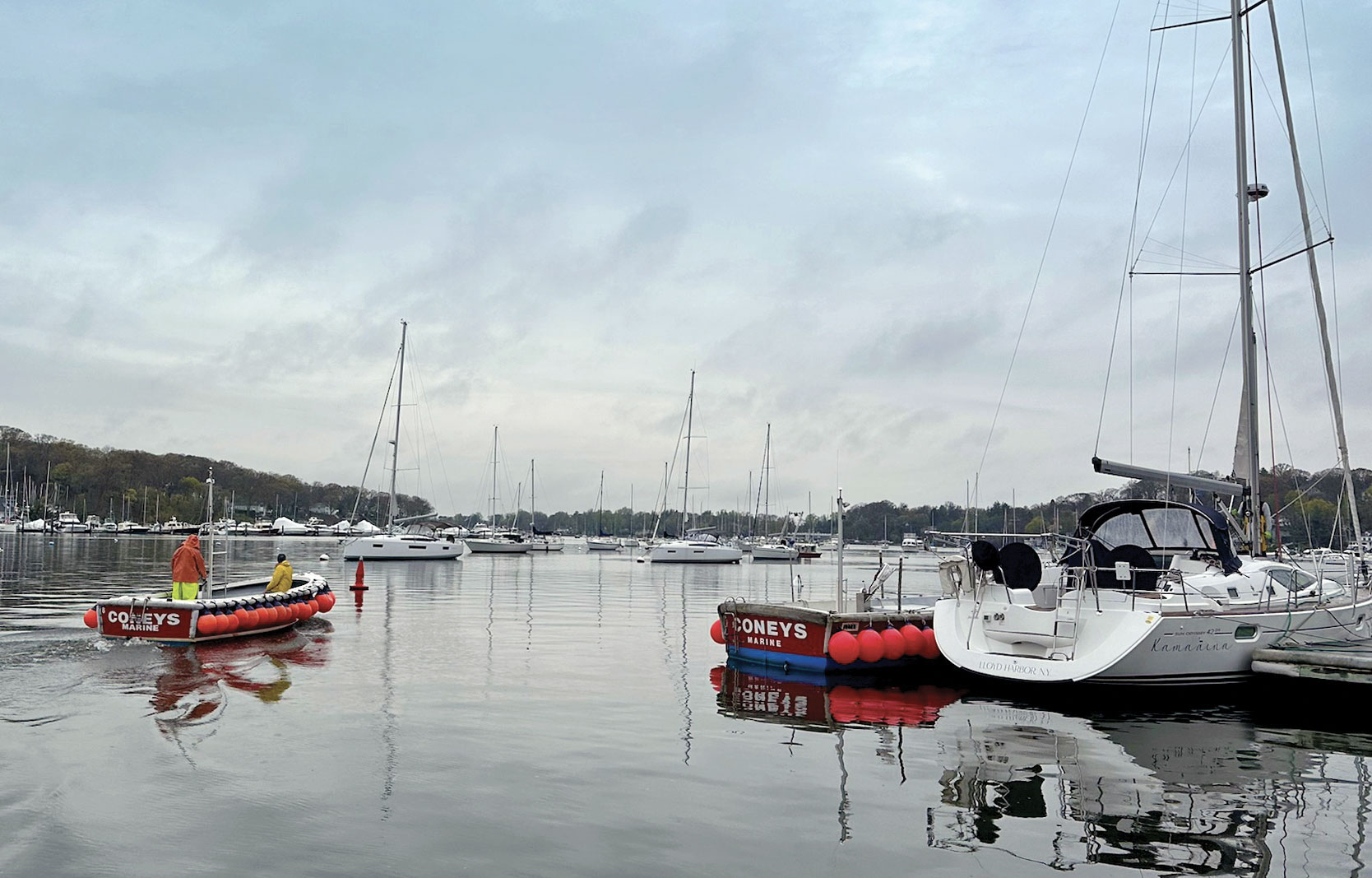 A Coneys launch heads out to the mooring field at the marina on Huntington Harbor. Photo courtesy of Coneys Marine