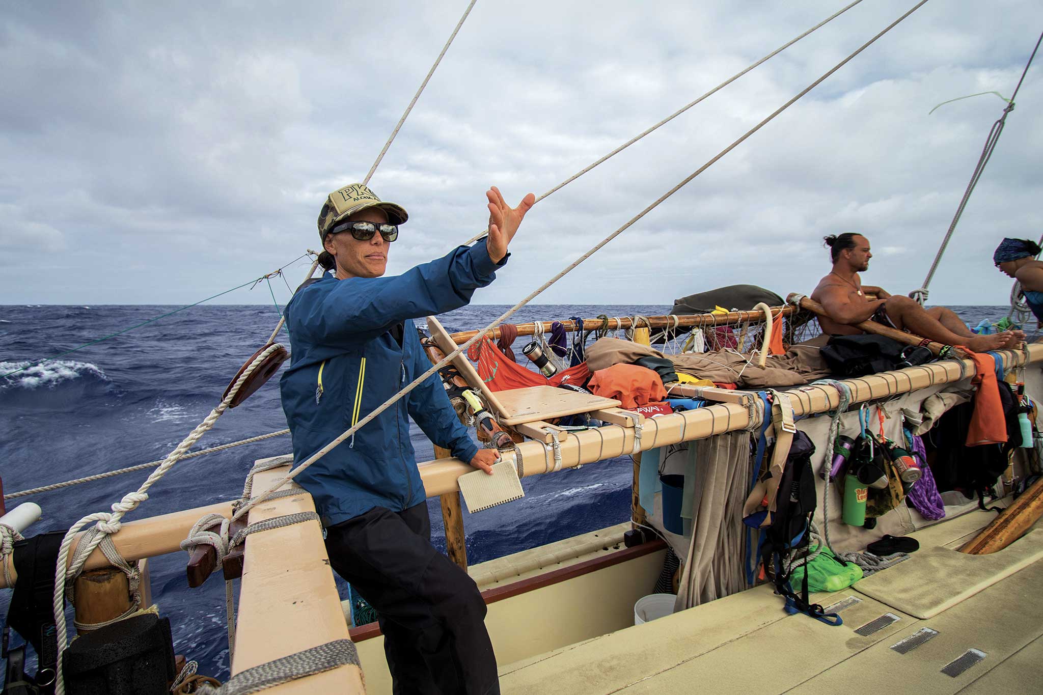 Kai’ulani Murphy navigates by measuring sun angles.
Photo  ©Polynesian Voyaging Society and ‘Ōiwi TV / Photographer: Nā’ālehu Anthony.
