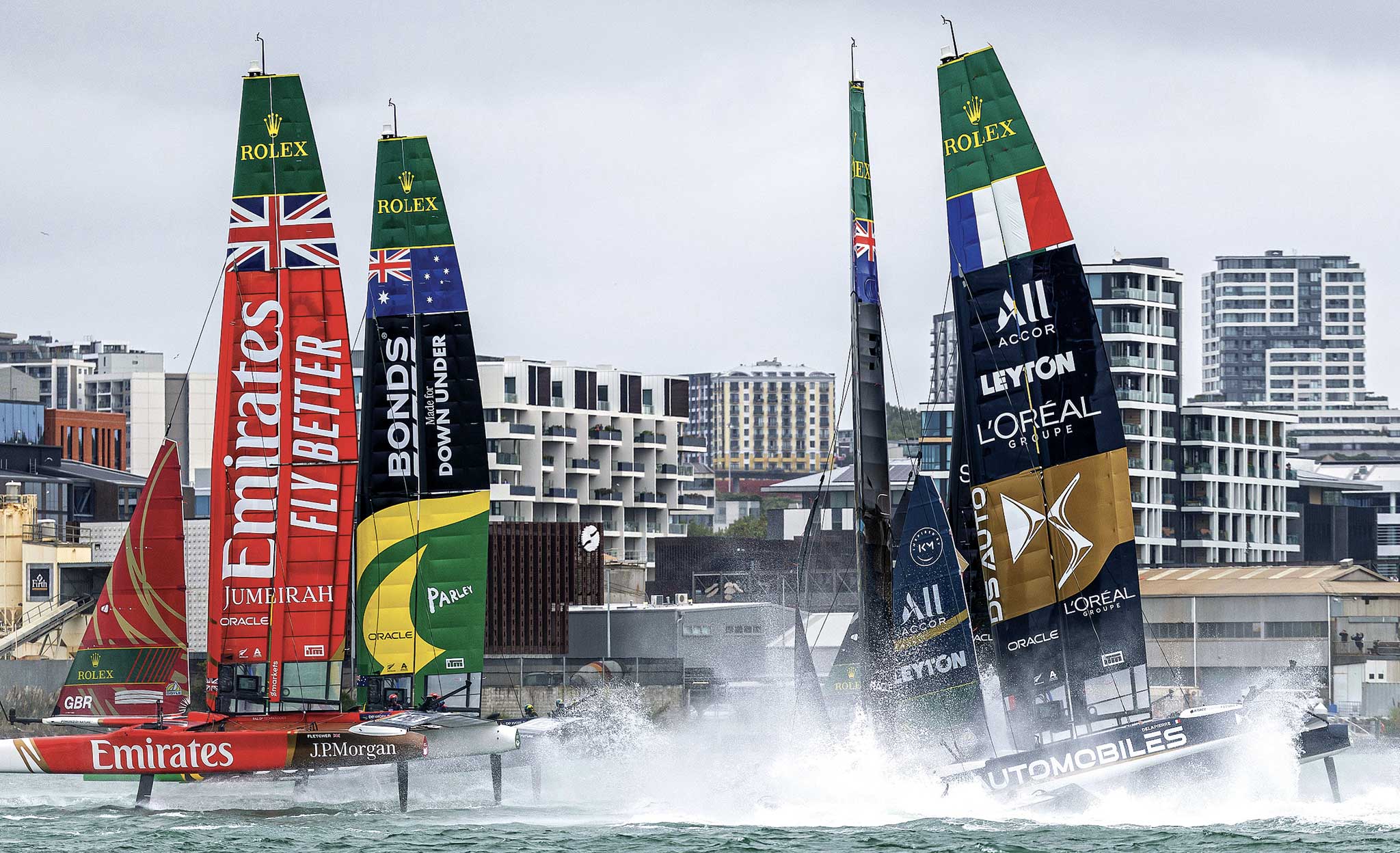 00-Felix-Diemer-for-SailGP-FD4_1592 Black Foils (NZL) and DS Automobiles France collided just seconds into the race. Photo by Felix Diemer for SailGP