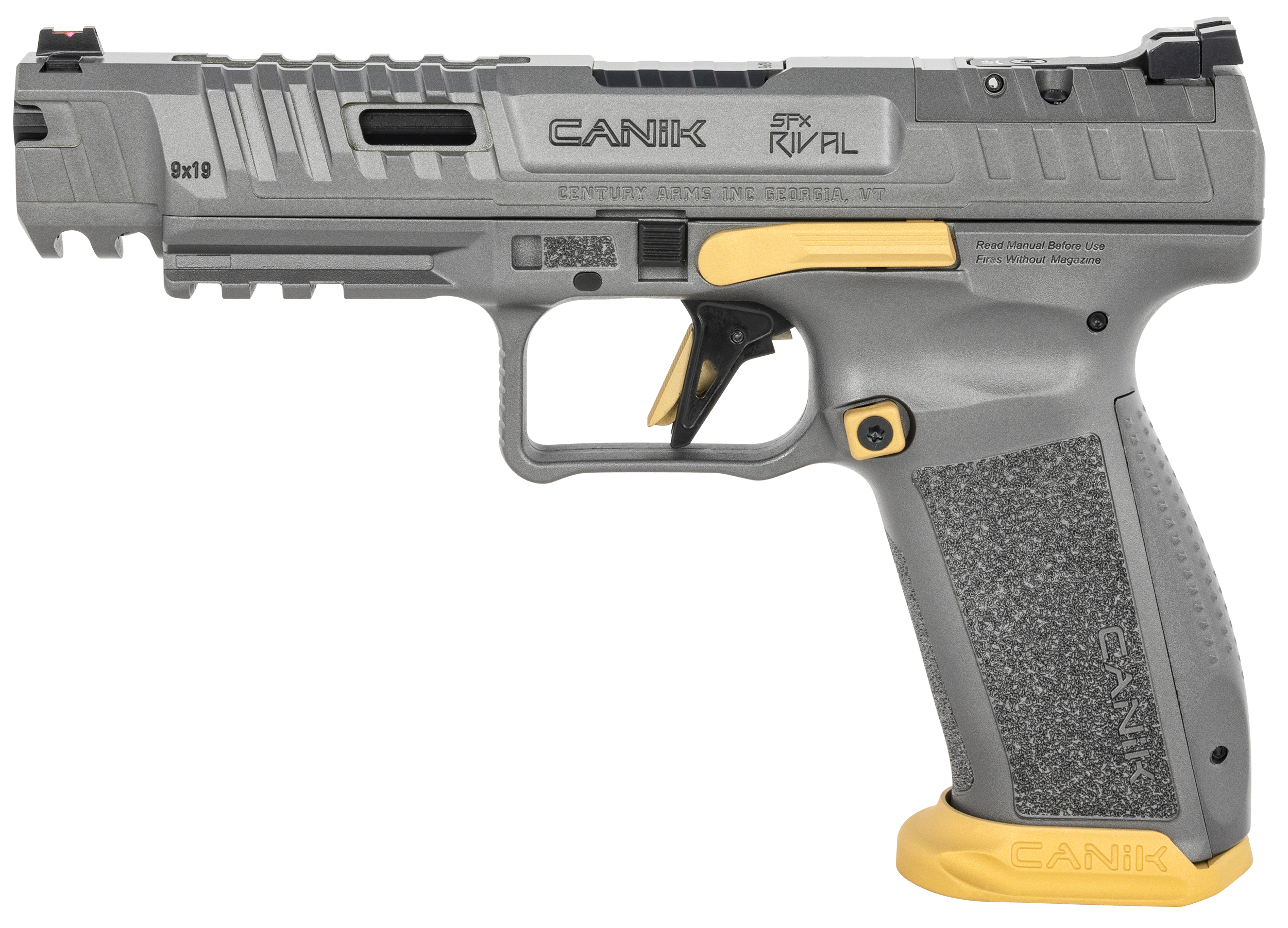 Canik SFx Rival 9mm Full Size Pistol 5 in. 18+1 Rival Gray Gold - Superb Competition Ready Kit 5 Canik SFx Rival 9mm right side, showing the slide engraving and the gold accented frame