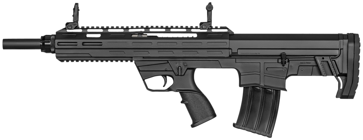 Tokarev TBP 12 Bullpup 12 Gauge 18.5 in. - Superb Magazine Fed Semi Auto Shotgun 5 Tokarev TBP 12 Bullpup shotgun shown from the left side with the folding sights and Picatinny rail