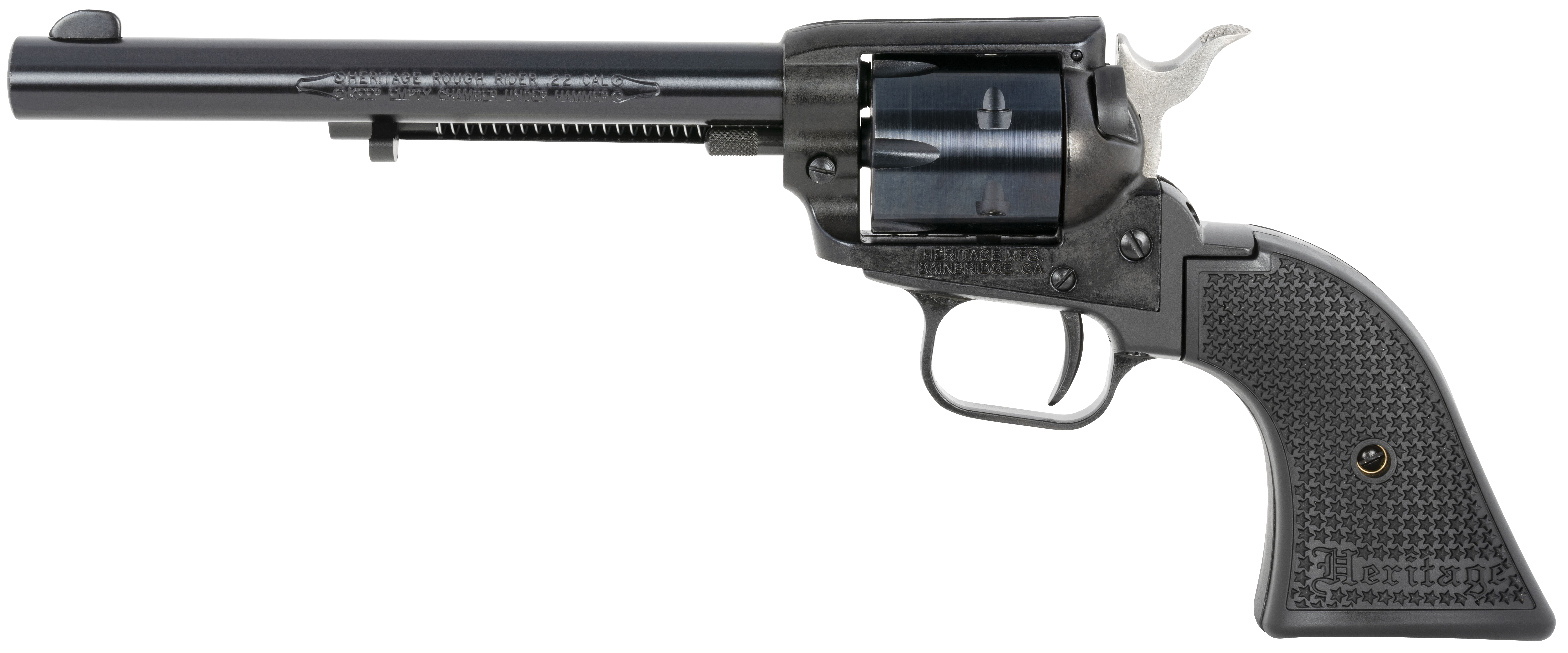 Heritage Rough Rider 6.5 Inch 22 LR Revolver 6-Shot Black Polymer Grip - Superb Single Action Plinker 5 Heritage Rough Rider 6.5 Inch 22 LR left side, showing the loading gate, ejector rod and black polymer grip