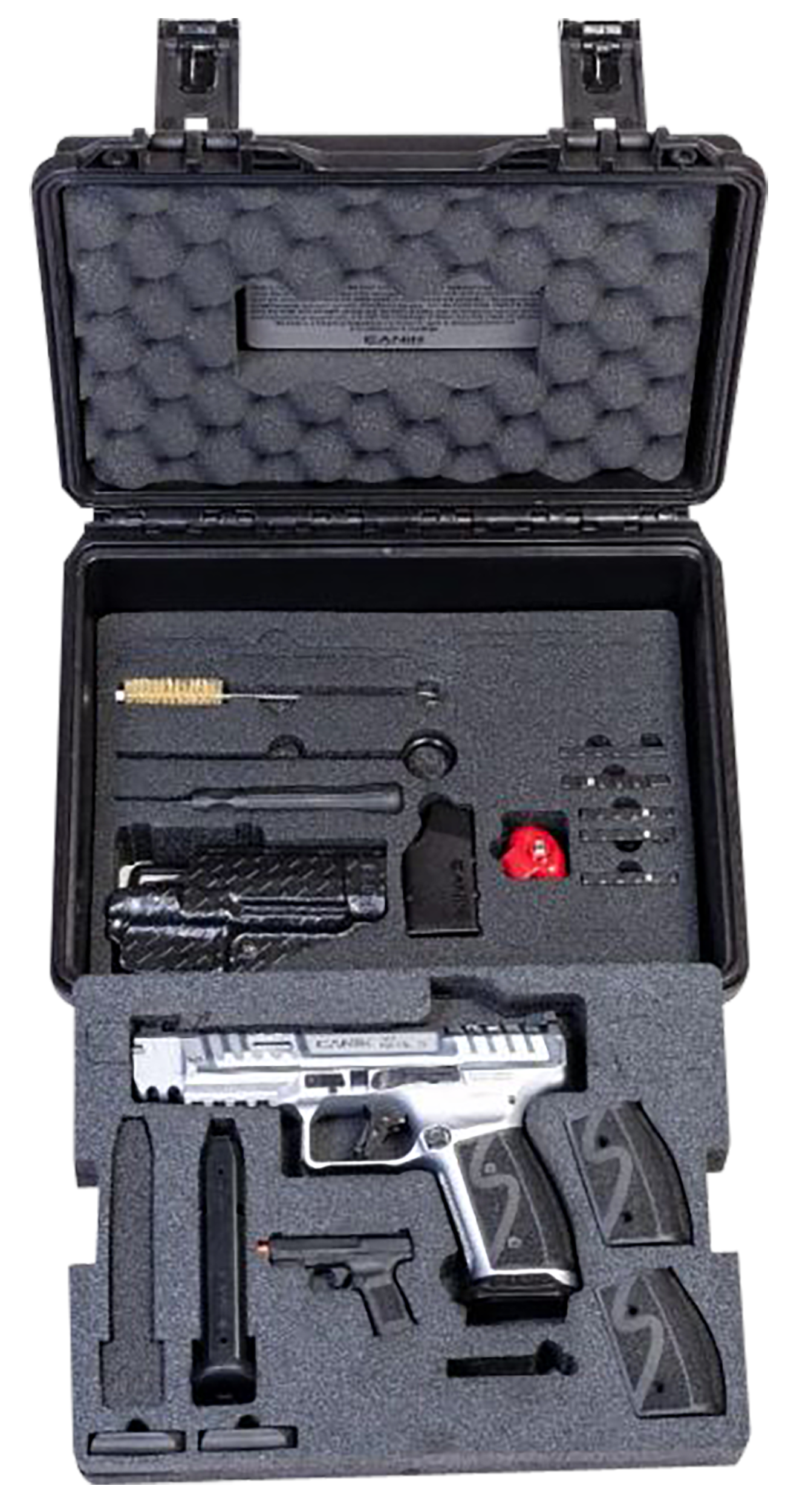 Canik SFx Rival-S 9mm Steel Frame Pistol 5 in. 18+1 Chrome Black - Superb Competition Ready Kit 4 Canik SFx Rival-S 9mm case contents: pistol, magazines, optic plates, backstraps, holster and toolkit