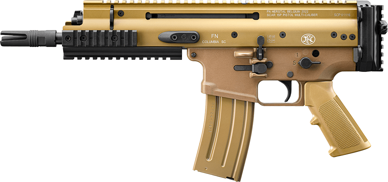 FN SCAR 15P VPR FDE 5.56 7.5 in. - Proven Flat Dark Earth Piston Pistol 4 FN SCAR 15P VPR FDE pistol shown from the left side with the FDE receiver markings visible