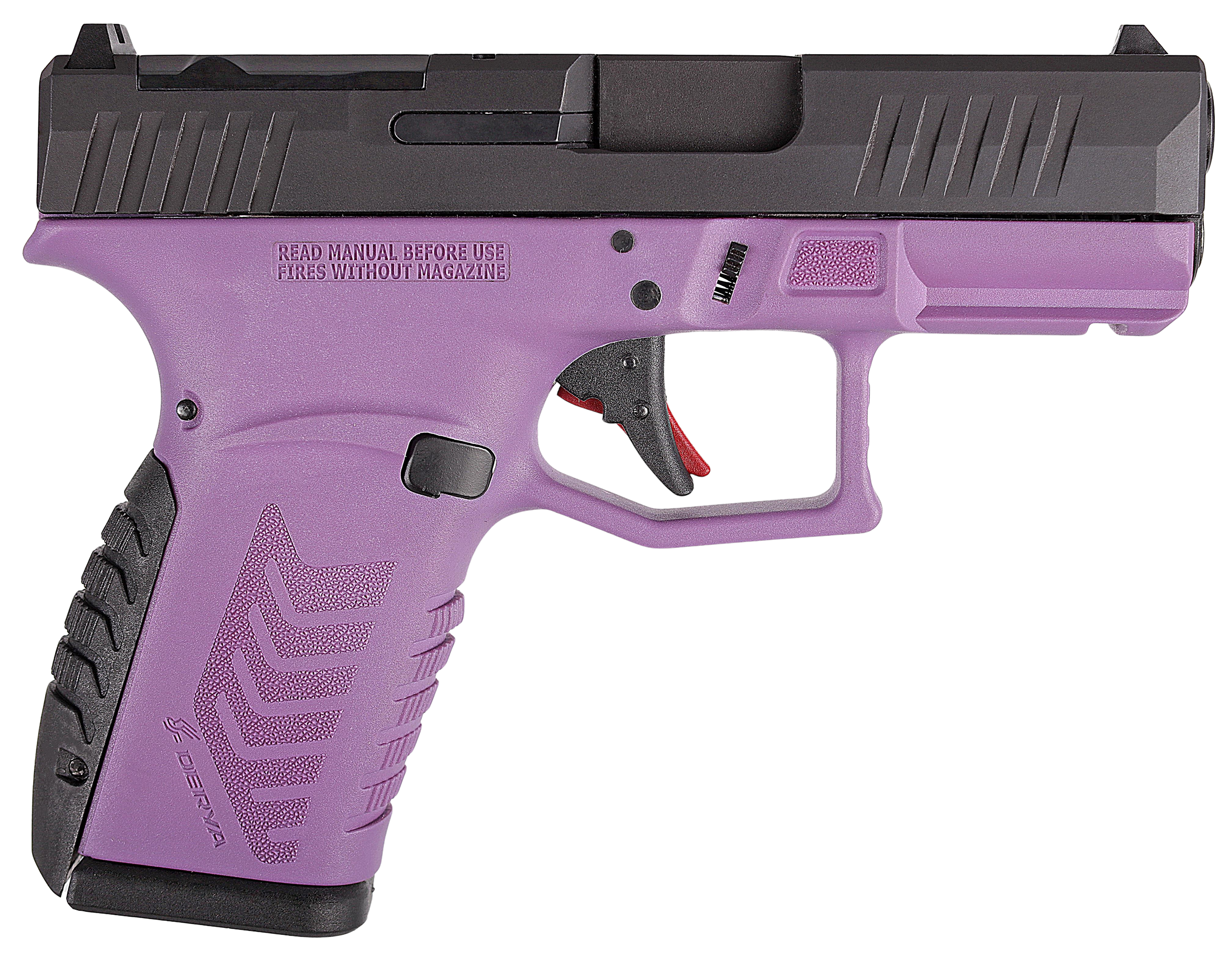 Derya DY9Z Purple 9mm 3.5 in. Black Slide - Superb 15+1 Micro Compact Pistol 3 Derya DY9Z Purple 9mm micro compact pistol with purple frame and black slide, left side profile