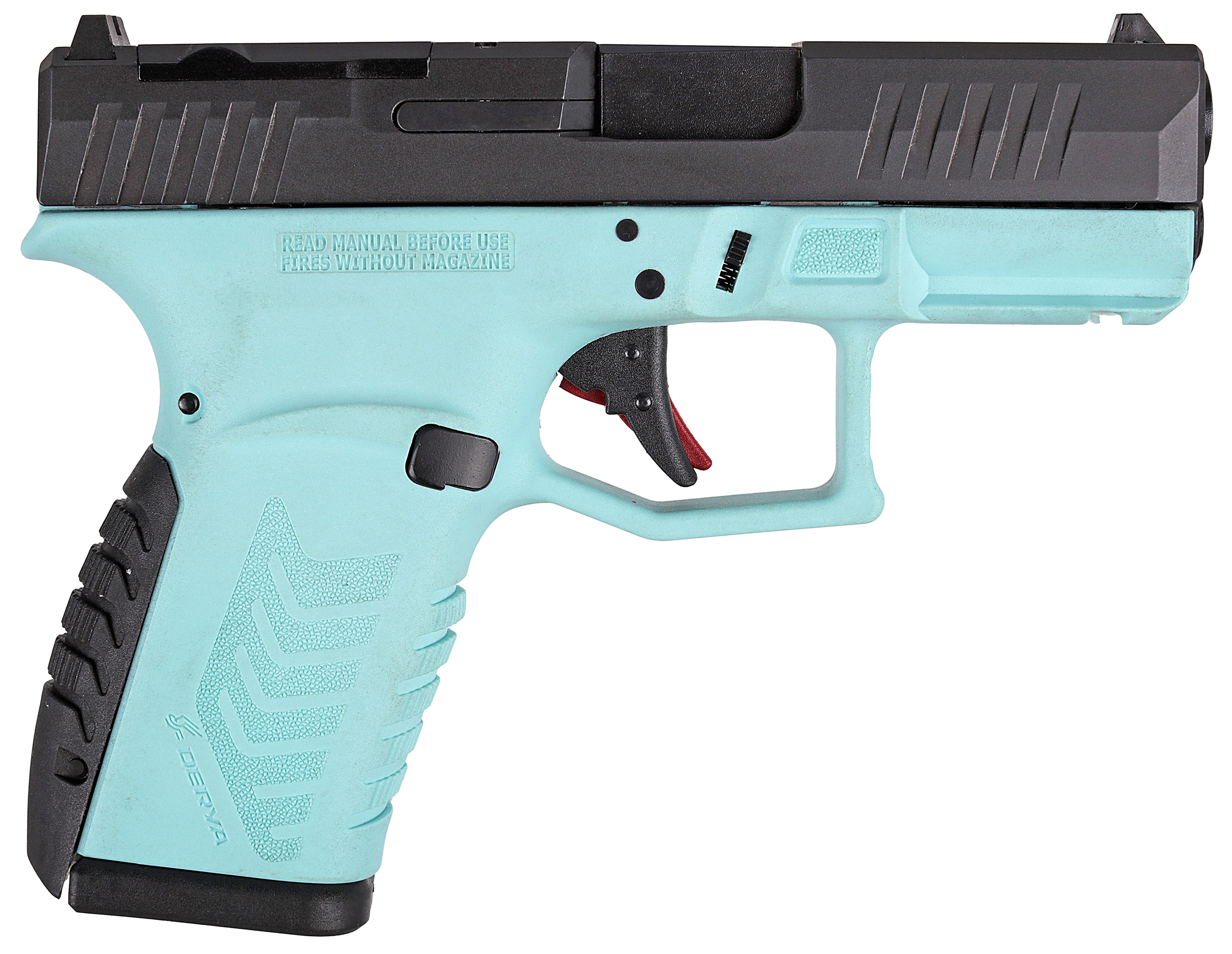 Derya DY9Z Blue 9mm micro compact pistol with blue frame and black slide, left side profile