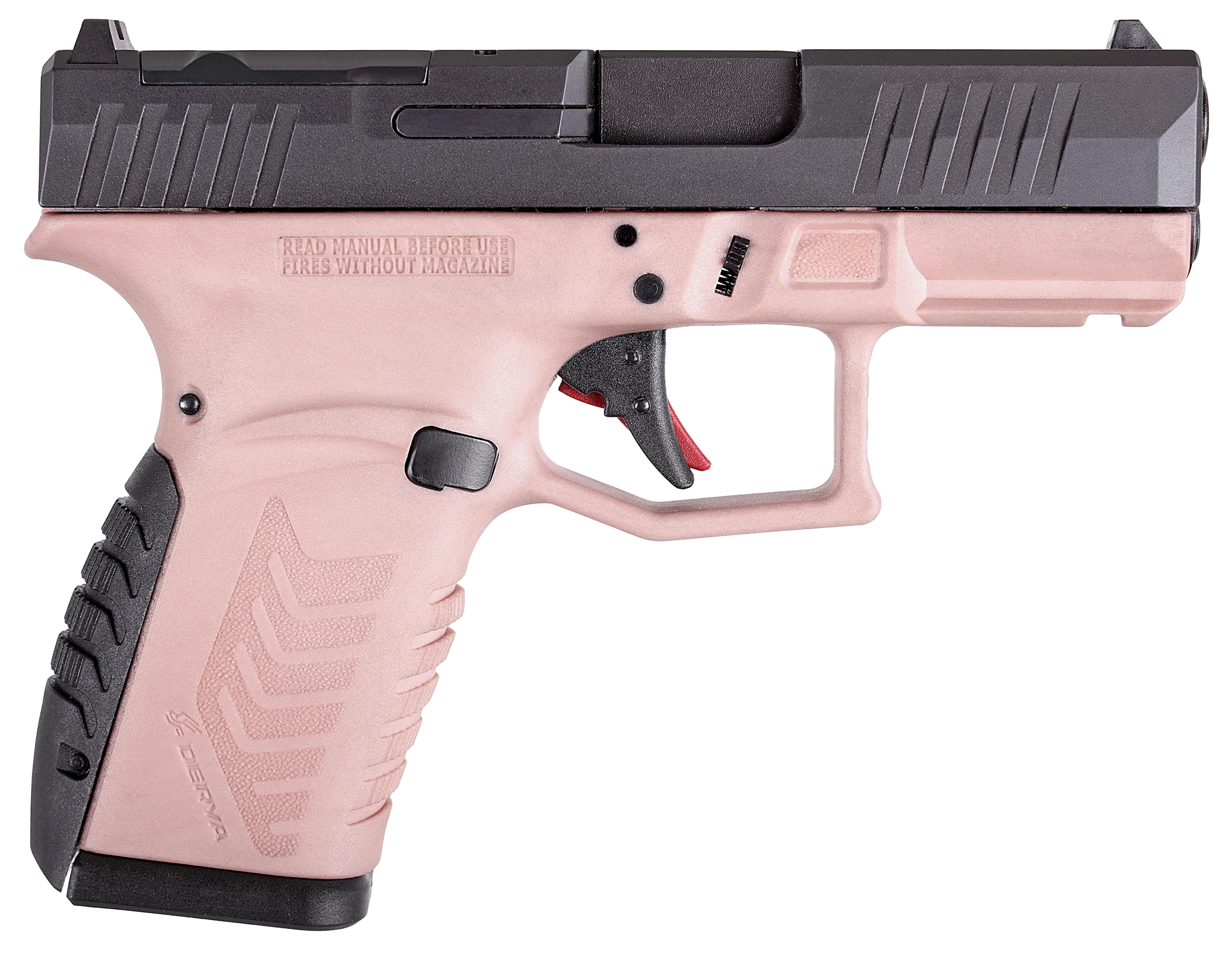 Derya DY9Z Pink 9mm micro compact pistol with pink frame and black slide, left side profile