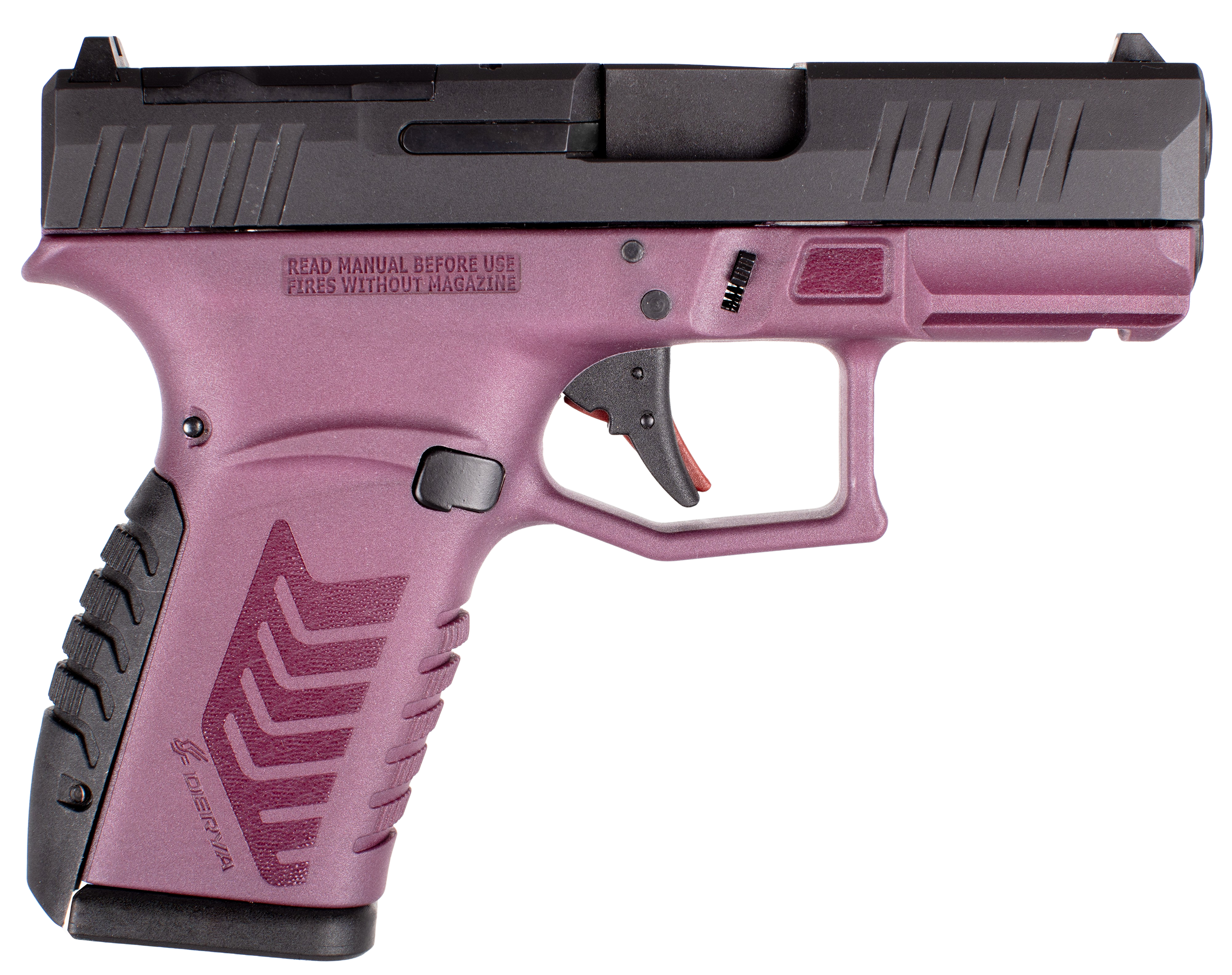 Derya DY9Z Black Cherry 9mm micro compact pistol with black cherry frame and black slide, left side profile